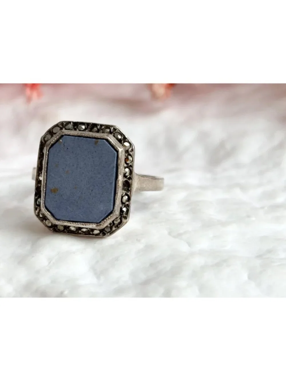 Lapis Lazuli Blue Octagon Marcasite Sterling Silver 925 Vintage Ring - sz 6.5